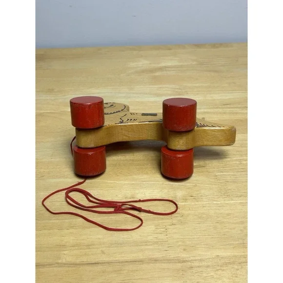 Vintage Steiff Wooden Dog Dachshund on Red Wheels with ID And Pull String
